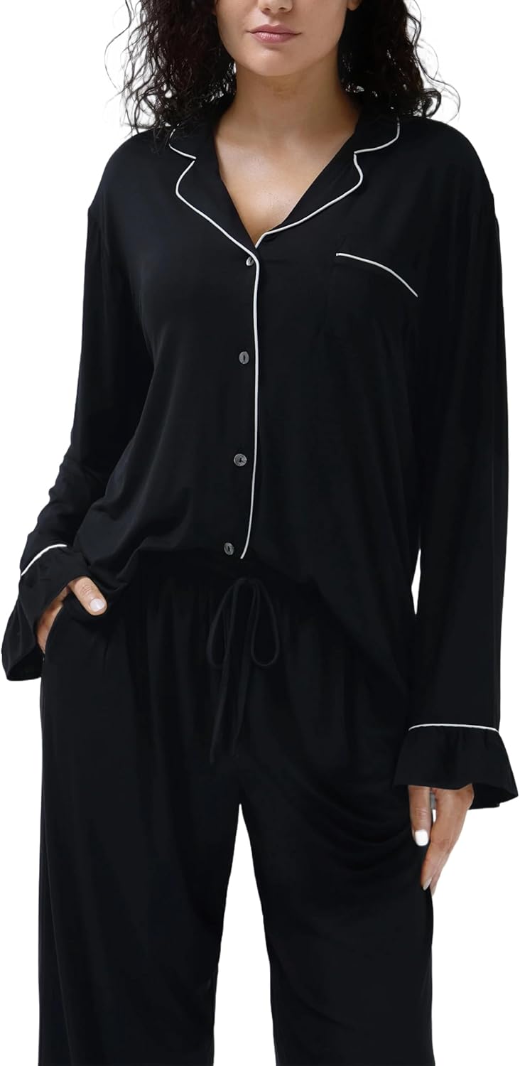 Women Bamboo Viscose Pajama Sets Ruffled Cuff Hem Long Sleeve Fancy Yarn 2 Piece Loungewear Loose Fit Drop Shoulder - Image 4