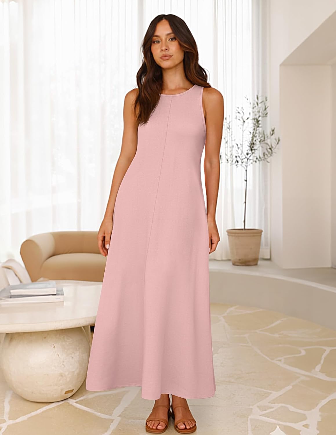 MEROKEETY Women's 2026 Summer Maxi Dress Sleeveless Crewneck Casual Loose Beach Vacation Basic Long Sundress - Image 7