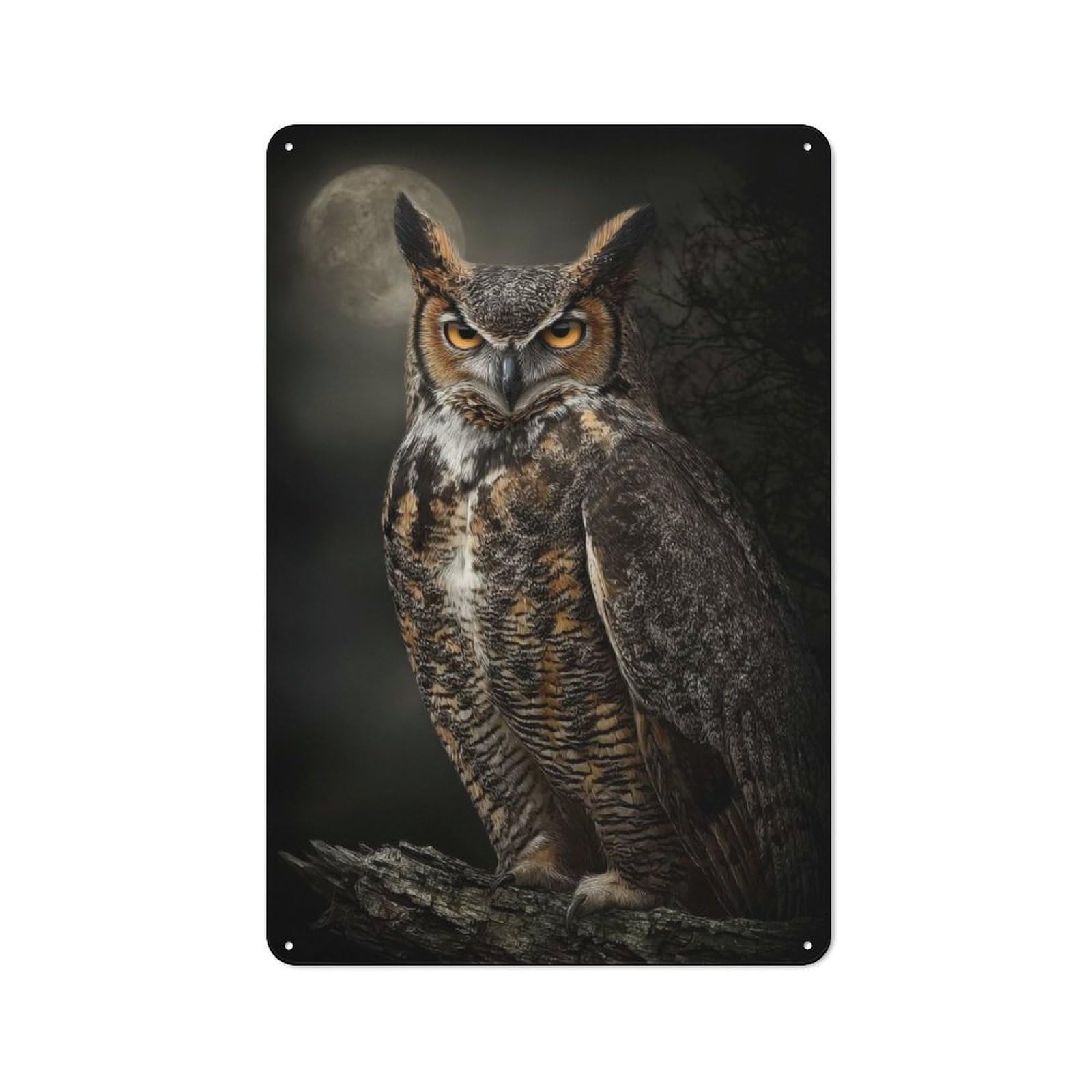 Junmoney Style-20 Great Horned Owl Portrait Under Moonlight Rustic Metal Sign 30X20cm For Garden Room Or Summerhouse, For Themed Interiors In Garden Rooms And Summerhouses