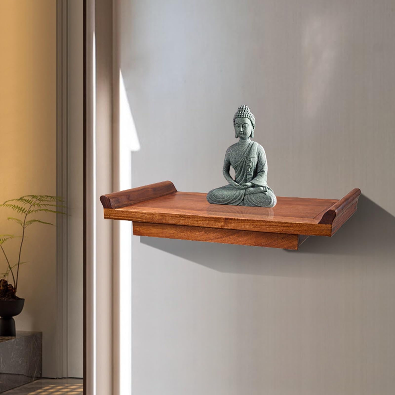 JNTFNE Wall Mounted Altar Table Solid Wood Buddhist Shrine Cabinet Chinese Style Offering with Storage Pull-Out Tray for Home Meditation Buddha Worship Space Saving(Walnut,48cm/22.8in)