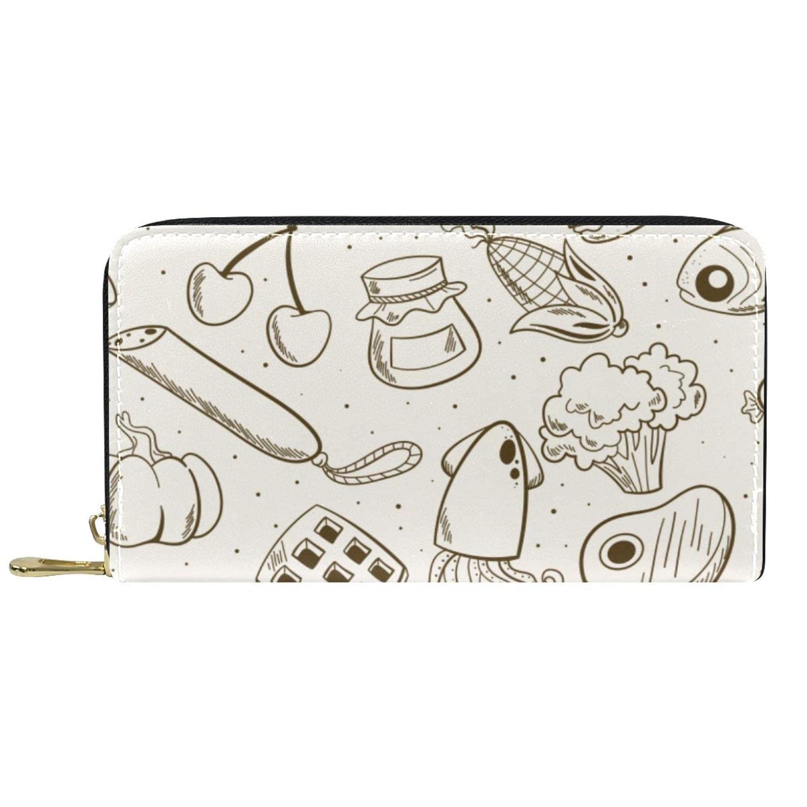 Cartera larga de cuero con cremallera dibujada a mano con patrón de alimentos 01, Varios colores, 20.5x2.5x11.5cm/8.07x1x4.53 in, Classic
