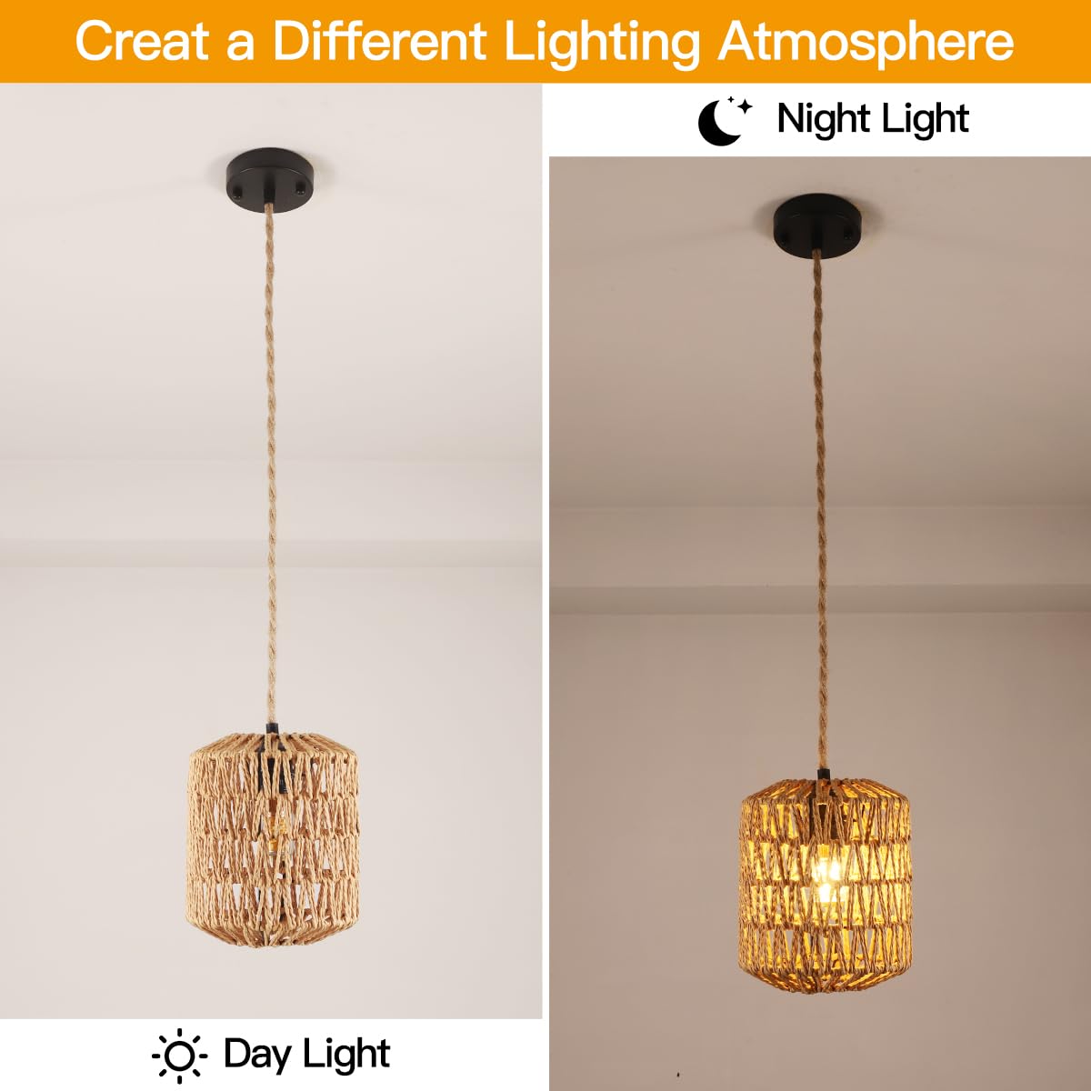 Lampadario Rattan, Lampada a Sospensione Boho Con Paralume E27 | Lampadario Vintage Per Soggiorno, Camera da Letto, Cucina Con Potenza Massima di 60W