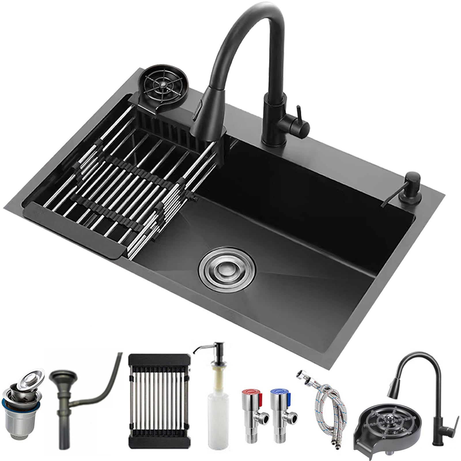 Spülbecken Schwarz mit Armatur – Spüle Edelstahl Set | Nano Küchenspüle 1 Becken mit Tassenwascher, Seifenspender, Abtropfkorb & Ablaufgarnitur für Küche, Bar oder Wohnmobil