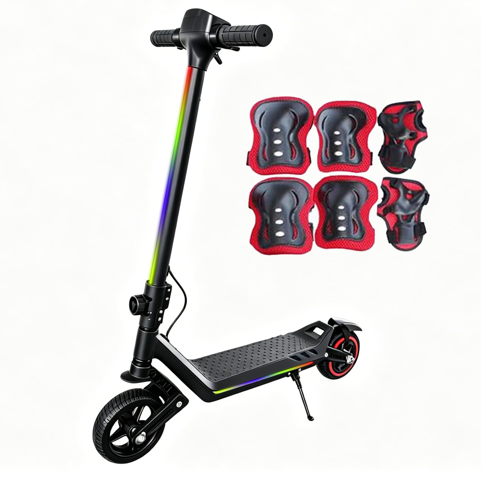 Monopattino elettrico per bambini, doppia sospensione, con luci arcobaleno colorate e indicatore LED, portata di 12 km, regalo per ragazzi e ragazze dai 6 anni in su (nero)