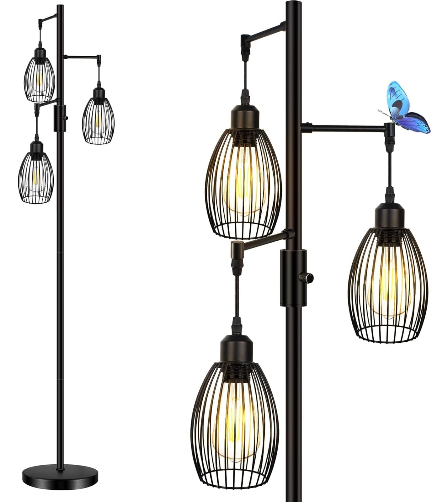 HiBay Industrial Dimmable LED Floor Lamp, Meteor Style Floor Lamp with 3x8W E27 Bulb 800LM Black Floor Lamp Reading Lamp for Living Room, Bedroom, Office