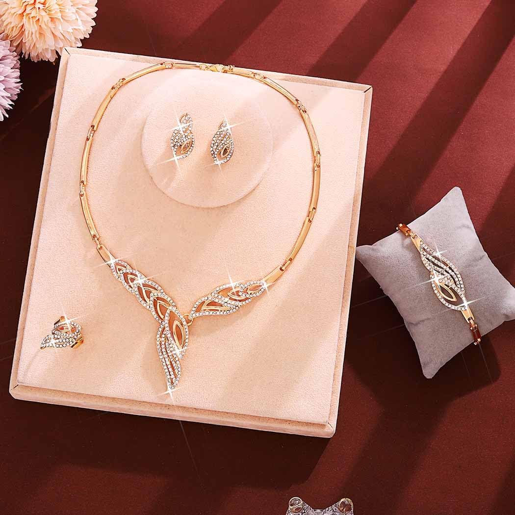 Yean Gold Leaf Jewelry Set Rhinestone Bridal Necklace and Earring Dangle Bracelet Set for Women - Image 2