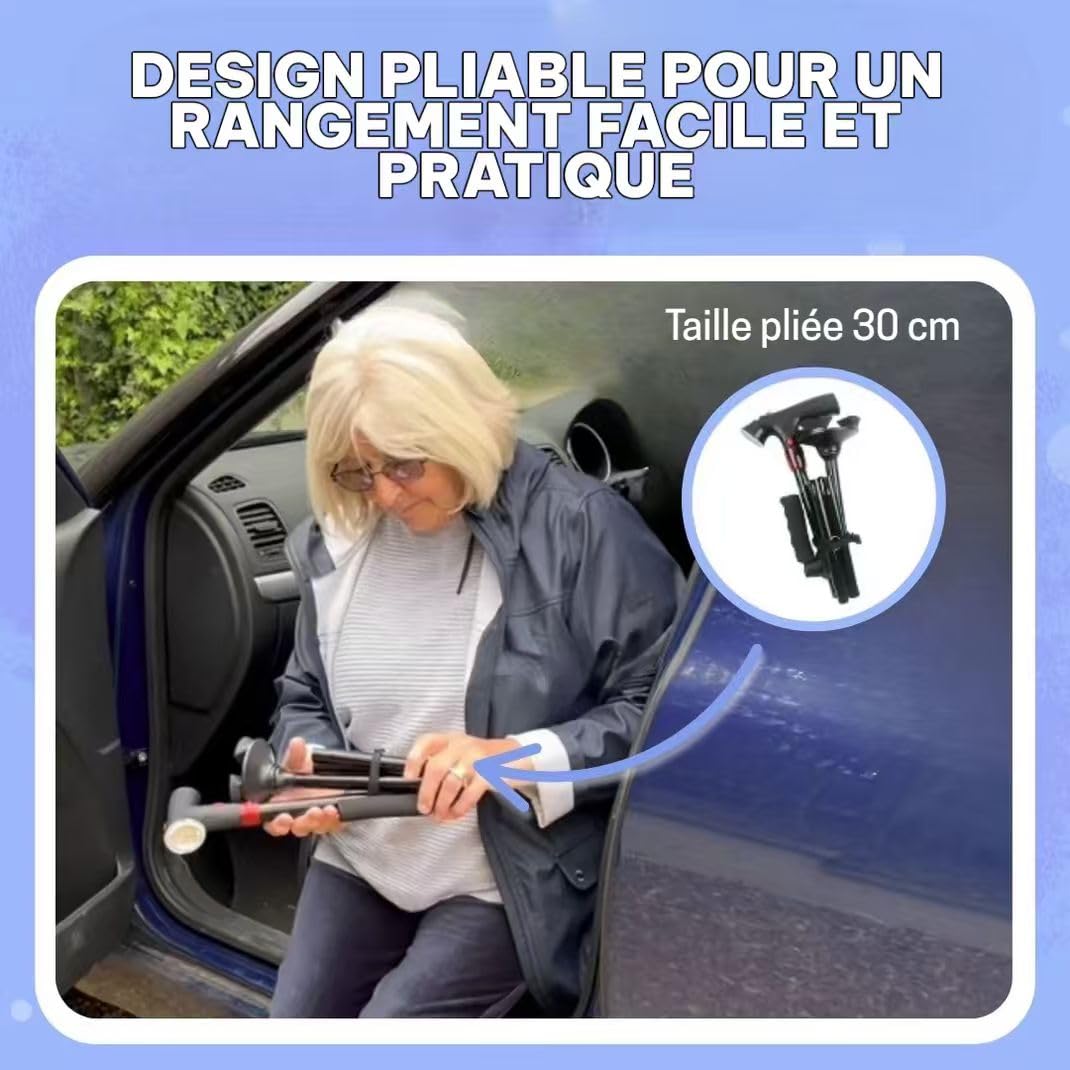 TwinGrip - Canne de Marche Pliante Ergonomique avec Poignée Supplémentaire et Base Antidérapante à Quatre Pieds, Hauteur Réglable, Pliable et Légère pour Personnes Âgées