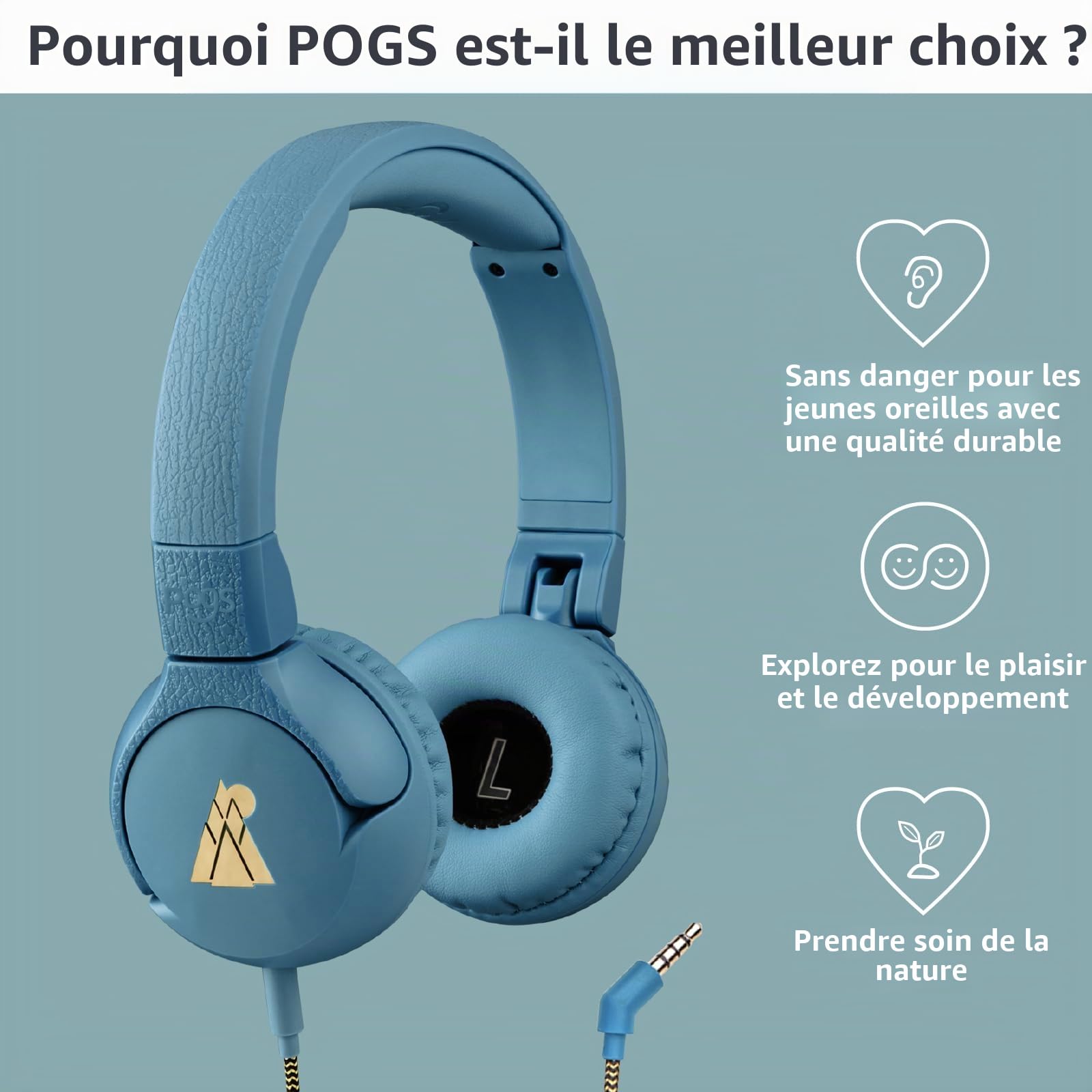 POGS Casque filaire pour enfants | The Elephant 2 | Casque réglable et durable pour enfants de 3 ans et plus | Limité à 85 dB, microphone | Casque sur-oreille | Fonction de partage de musique Câble