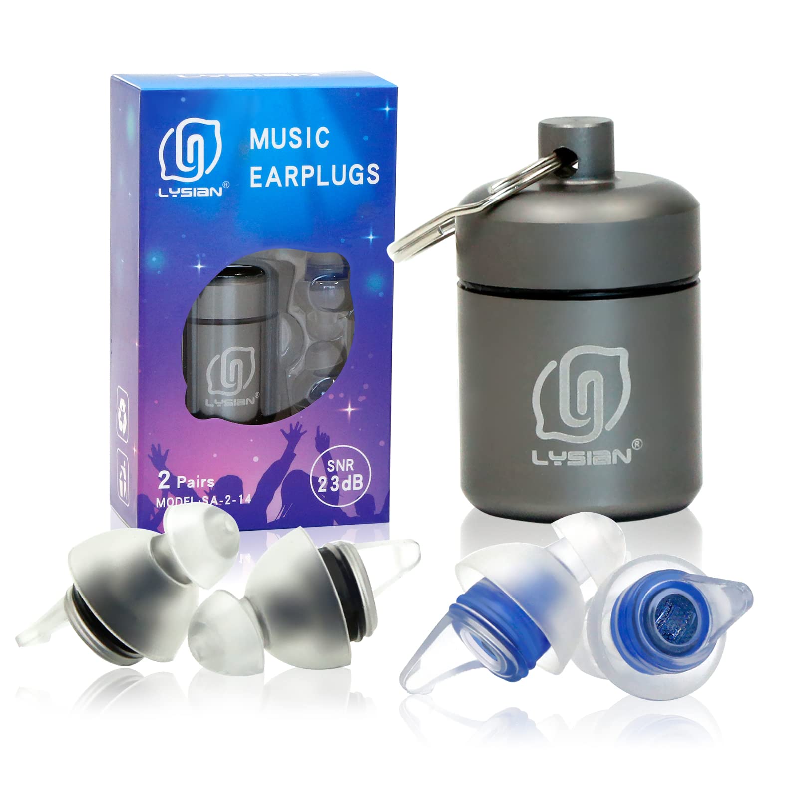 LYSIAN High Fidelity Concert Ear Plugs for Music- 2 Pairs Reusable Musicians Earplugs for Noise Cancelling, Concert Festivals, Drummers, DJS, Raves, Games -23dB