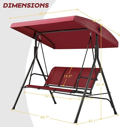 Miniatura 8 de Columpio de patio de 2 asientos, columpio al aire libre con respaldo de textileno, toldo ajustable para patio trasero, porche, jardín, asiento de