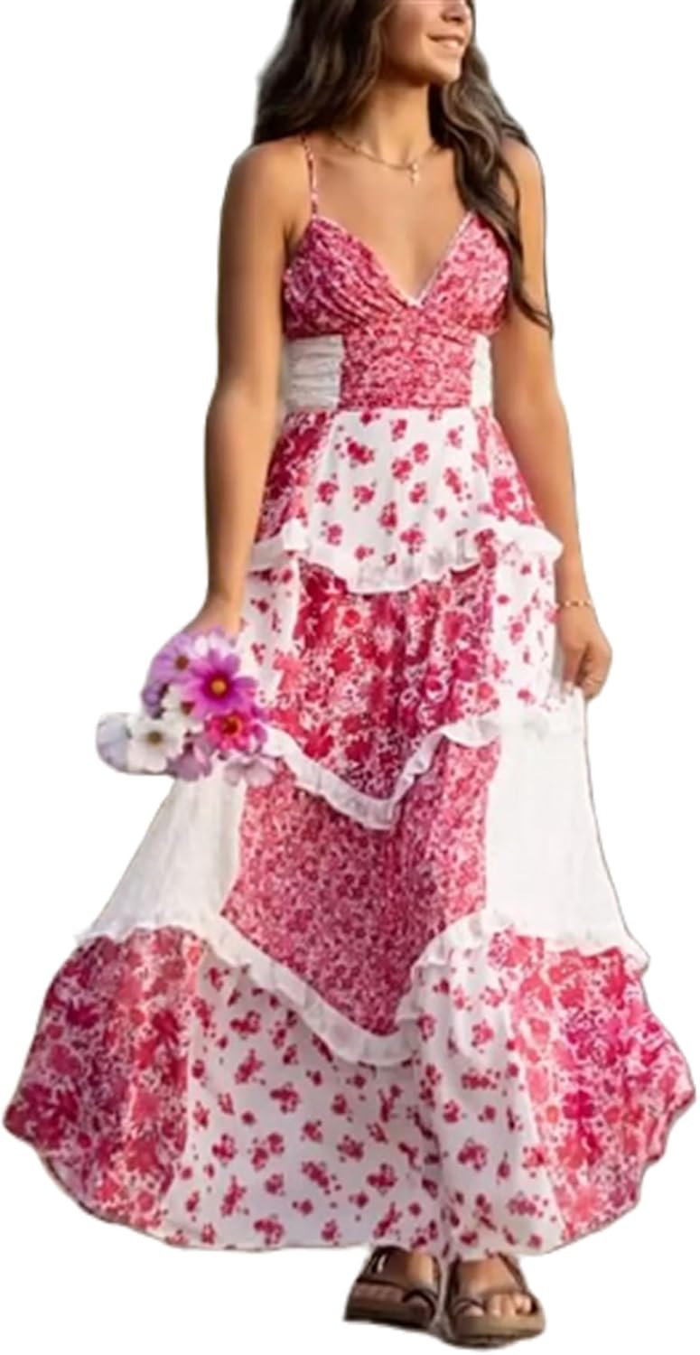 Women Boho Floral Smocked Maxi Dress Y2k Patchwork Lace Layered Long Beach Dress Casual Flowy Summer Sundress