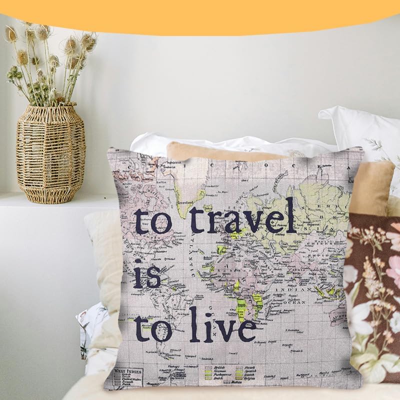 Map Throw Pillow Cover Linen Pillows Case To Travel Is To Life Single Print Cushion Pillow Cover for Bedroom Couch Decor 18*18 Inch Map Decorative Throw Pillows Cover Traveller Birthday Gift - Image 4