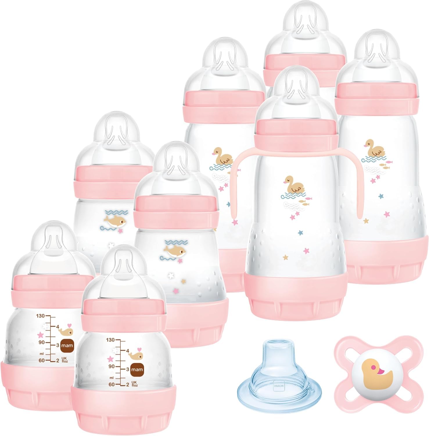 MAM Easy Start Anti-Colic Set | Babyflaschen-Set für Neugeborene | 94% Akzeptanz | 80 % weniger Koliken | 8 Flaschen (130, 160, 260ml), 1 Start Schnuller, 1 Griff, 1 Trinkschnabel | 0+ Mon | rosa