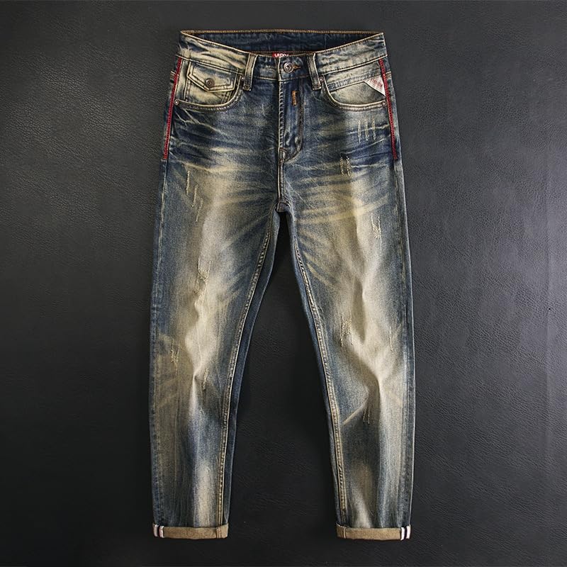 Men Jeans Retro Black Blue Stretch Slim Fit Ripped Jeans Vintage Denim Pants Mens ​​Trousers3