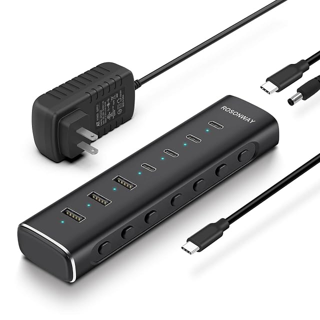 Rosonway 7 Ports Powered USB 3 2 USB C Hub 10Gbps with 4 USB-C 3 2 3 USB-A