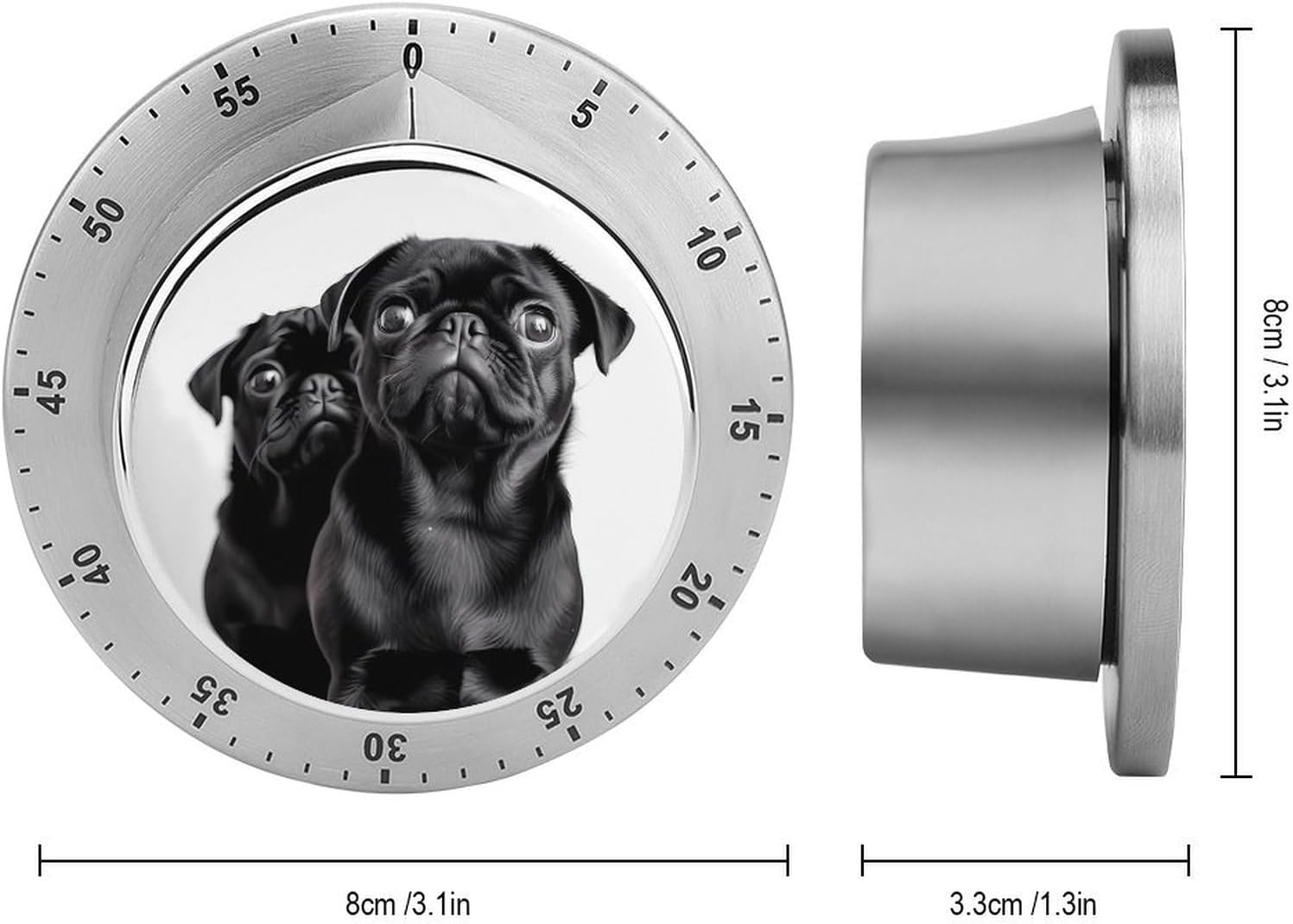 Cute Black Pug Dog Timer Stainless Steel Kitchen Timers Waterproof & Rust-Proof 60 Minute Mechanical Timer with Loud Alarm for Cooking, Baking, Fitness