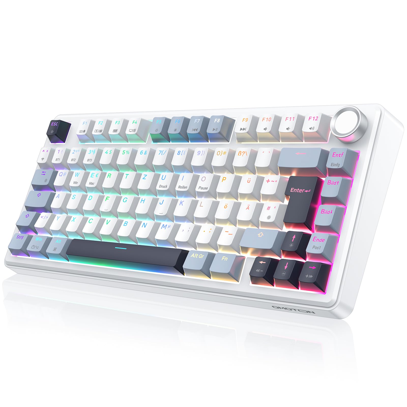OMOTON Mechanische Tastatur Gaming, 2.4GHz/Type-C/BT, 75% Hot-Swappable Kabellos Tastatur mit Knopf, Gasket Struktur, RGB, Creamy Keybord Linearer Schalter, QWERTZ ISO-DE Layout, MK211