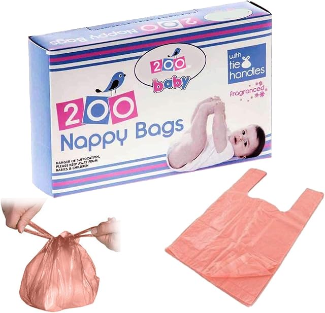 Disposable Tie Handle Nappy Bags Sacks Fragranced Scented Hygienic Baby Nappy Waste Bin Bags (1 Pack (200 Bags))