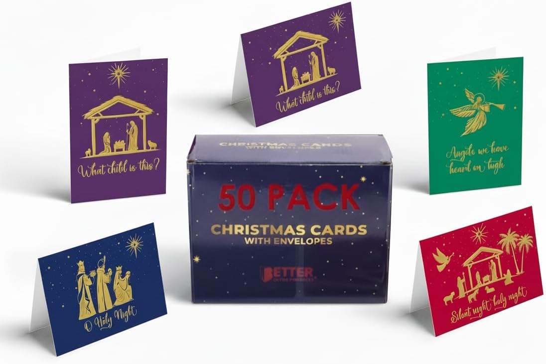 Better Office Products 50 Pack Religious Christmas Cards with Embossed Gold Foil Accents, 5" x 7", High Gloss, Gold Foil Interior Greeting, with 50 Envelopes, 50 Count Boxed Assortment
