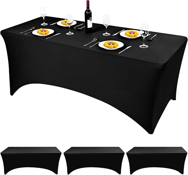 3 Packs Black Spandex Table Cover 6ft Polyester Fitted Rectangular Table Cloth Stretchable Elastic Spandex Table Cover, Wedding Party Banquet Cocktail Craft Exhibitions Washable Table Cover