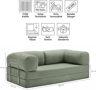 100x200 Sofa - Green Wick Velvet Washable Wipe Practical Sofa 50 Dns Bondex