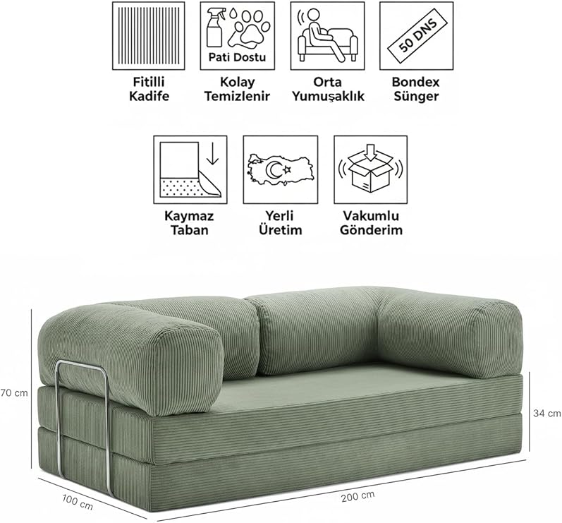 100x200 Sofa - Green Wick Velvet Washable Wipe Practical Sofa 50 Dns Bondex