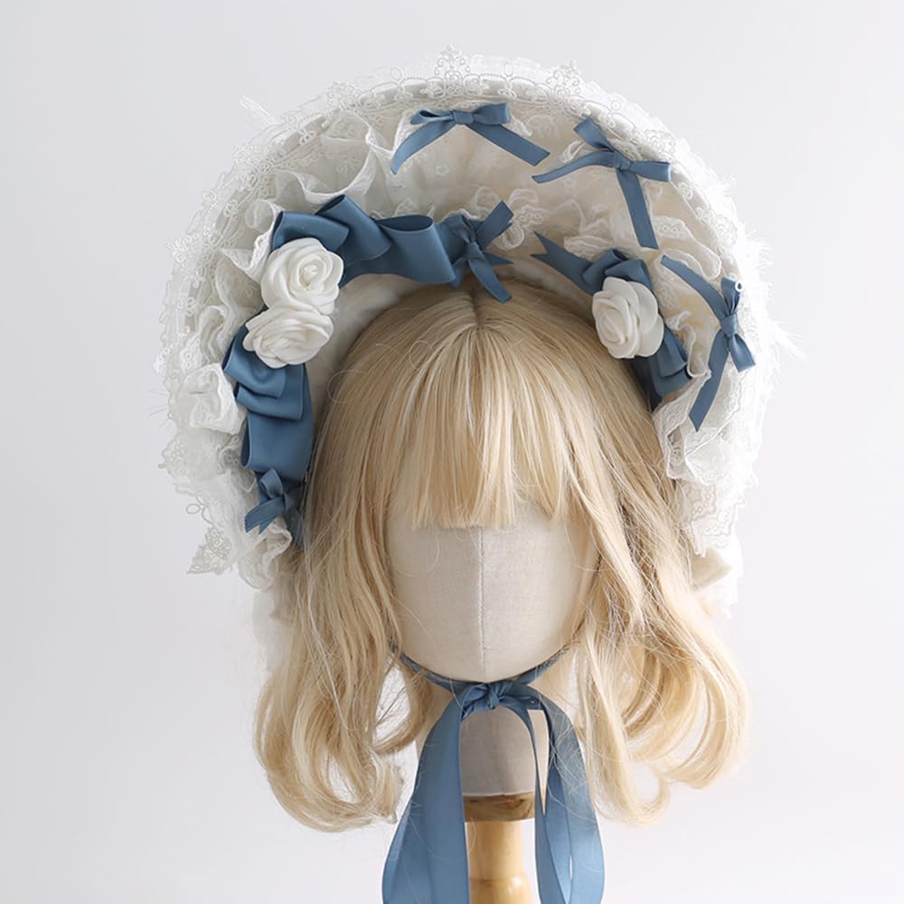 Vintage Victorian Tea Party Bonnet Hat Lolita Tea Party Sun Hats Lace Bow Bonnet Cap Flower Hat for Women (US, Alpha, One Size, Blue White)