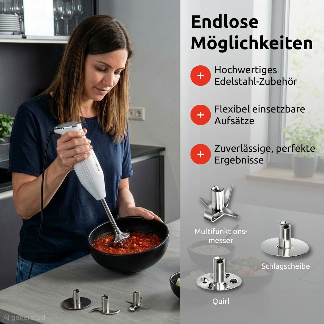 bamix Stabmixer Set M250 PRIME inkl. Multifunktionsmesser, Quirl, Schlagscheibe aus Edelstahl, 250 Watt, 2-Stufen, Made in Switzerland, Weiß/Chrom