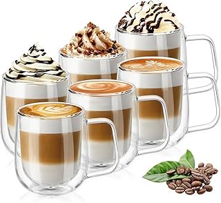 Vicloon Doppelwandige Latte Macchiato Gläser Set, 6 Stück Doppelwandige Kaffeegläser mit Henkel,250ml Kaffeetassen Glas für Cappuccino,Latte,Tee,EIS,Eistee,Bier