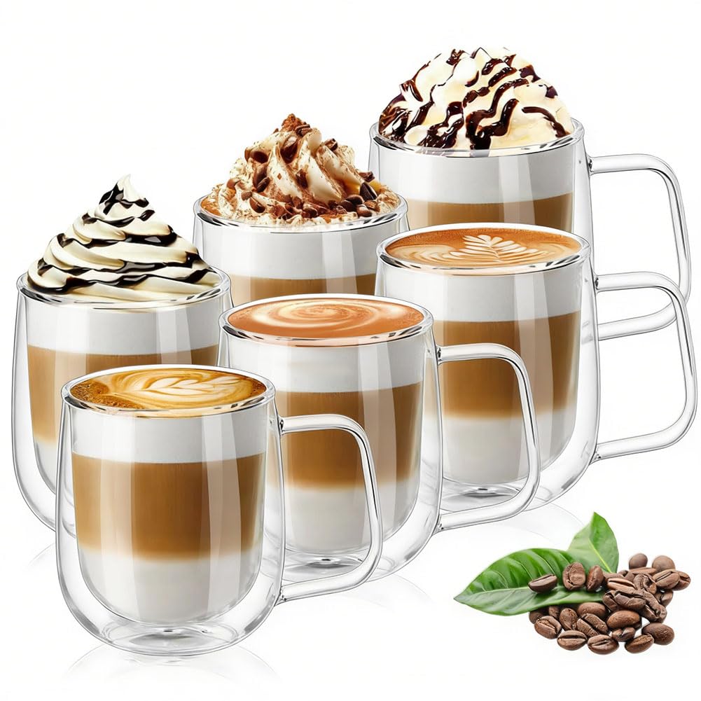 Vicloon Doppelwandige Latte Macchiato Gläser Set, 6 Stück Doppelwandige Kaffeegläser mit Henkel,250ml Kaffeetassen Glas für Cappuccino,Latte,Tee,EIS,Eistee,Bier