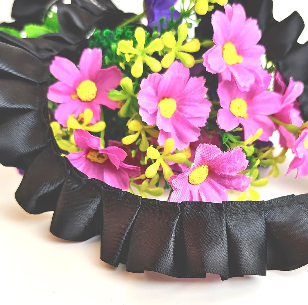 10 Yards Satin Ruffle Trim Fabric Trims 1 inch Wide Ruffle Stretch Elastic Edging Trim Pleated Fabric Lace Ribbon for DIY Dress Headwear Decoration and Gift (Black)