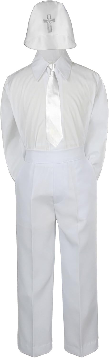 New Born Baby Boy Christening Baptism White Pants set Hat Bow tie Necktie SM - 7 (XL: = (18-24 Months), Pants set w/ Silver Cross hat add Necktie)