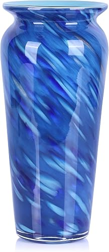 Blown Glass Blue vase, Blue Home Decor, Modern Art Wide Mouth vase for Living Room Dining Table Coffee Table entryway TV Stand nightstand Centerpiece.