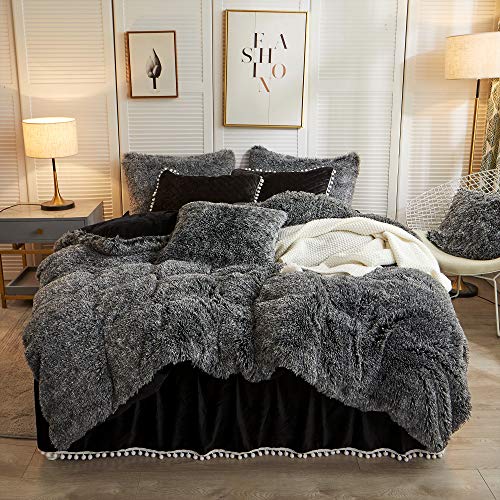 LIFEREVO Luxury Plush Shaggy Duvet Cover Set, Soft Velvet Fluffy Furry Duvet Cover Set(1 Faux Fur Fuzzy Comforter Cover + 1 Pompoms Pillow Sham) Bedding Set, Zipper Closure(Twin/Twin XL,Ombre Black)