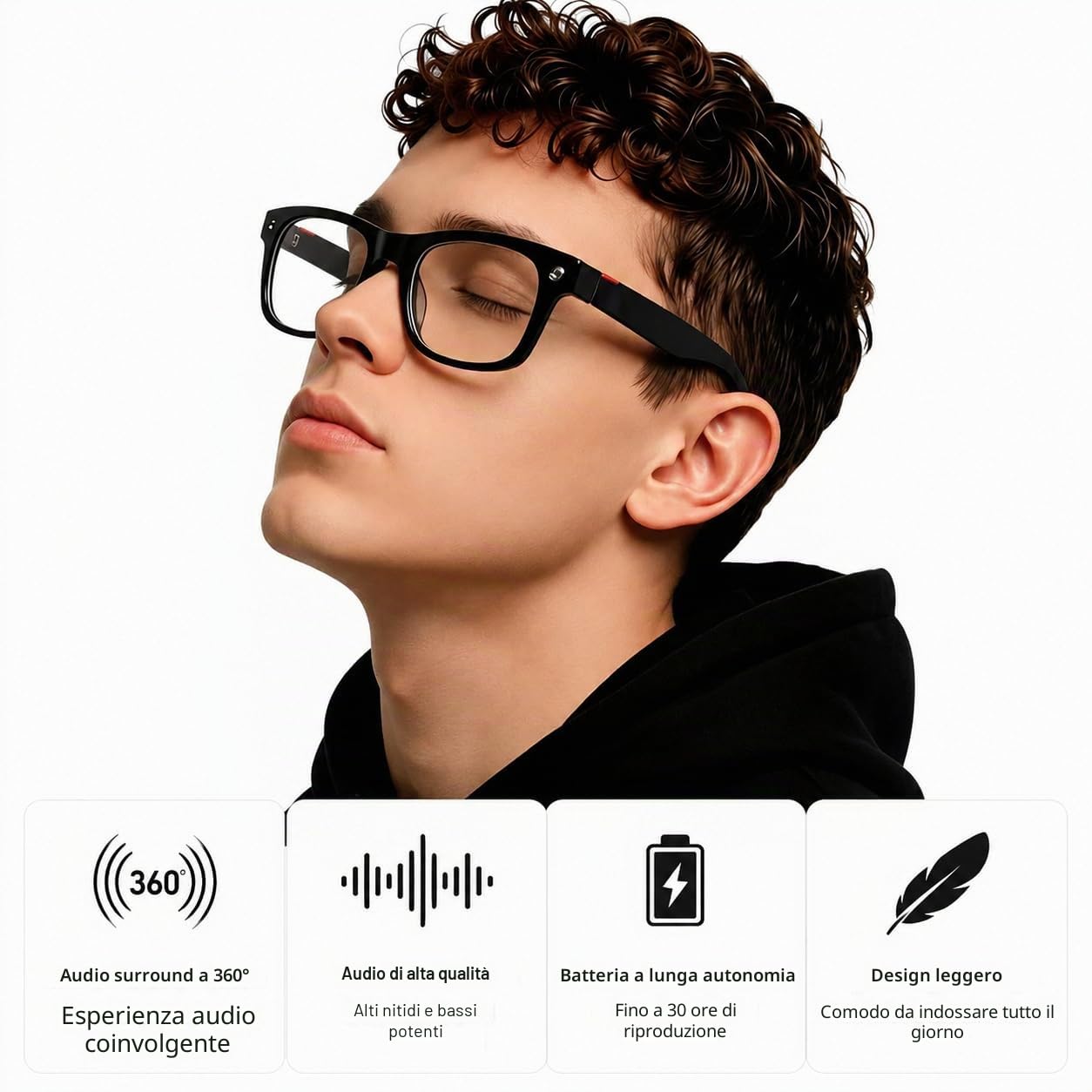AI - Occhiali intelligenti con fotocamera, lenti fotocromatiche, chiamate Bluetooth, assistente vocale, lettore musicale, traduzione e registrazione video (1, nero)