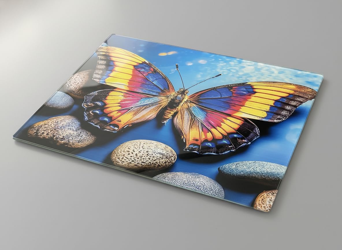 Renkli Kelebek Desenli Cam Kesme Tahtası (20x30 cm) – Kaymaz Tabanlı, Isıya Dayanıklı, Hijyenik ve Dayanıklı Mutfak Tahtası