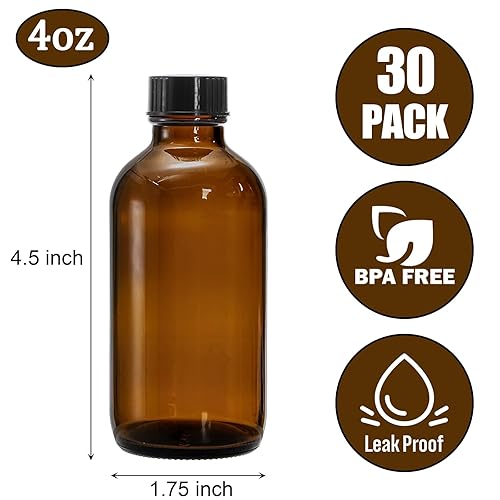 Miniatura 2 de Bekith Paquete de 30 botellas de vidrio ámbar de 4 onzas, botellas redondas de muestra Boston con tapa de cono de polietileno negro para jugo,