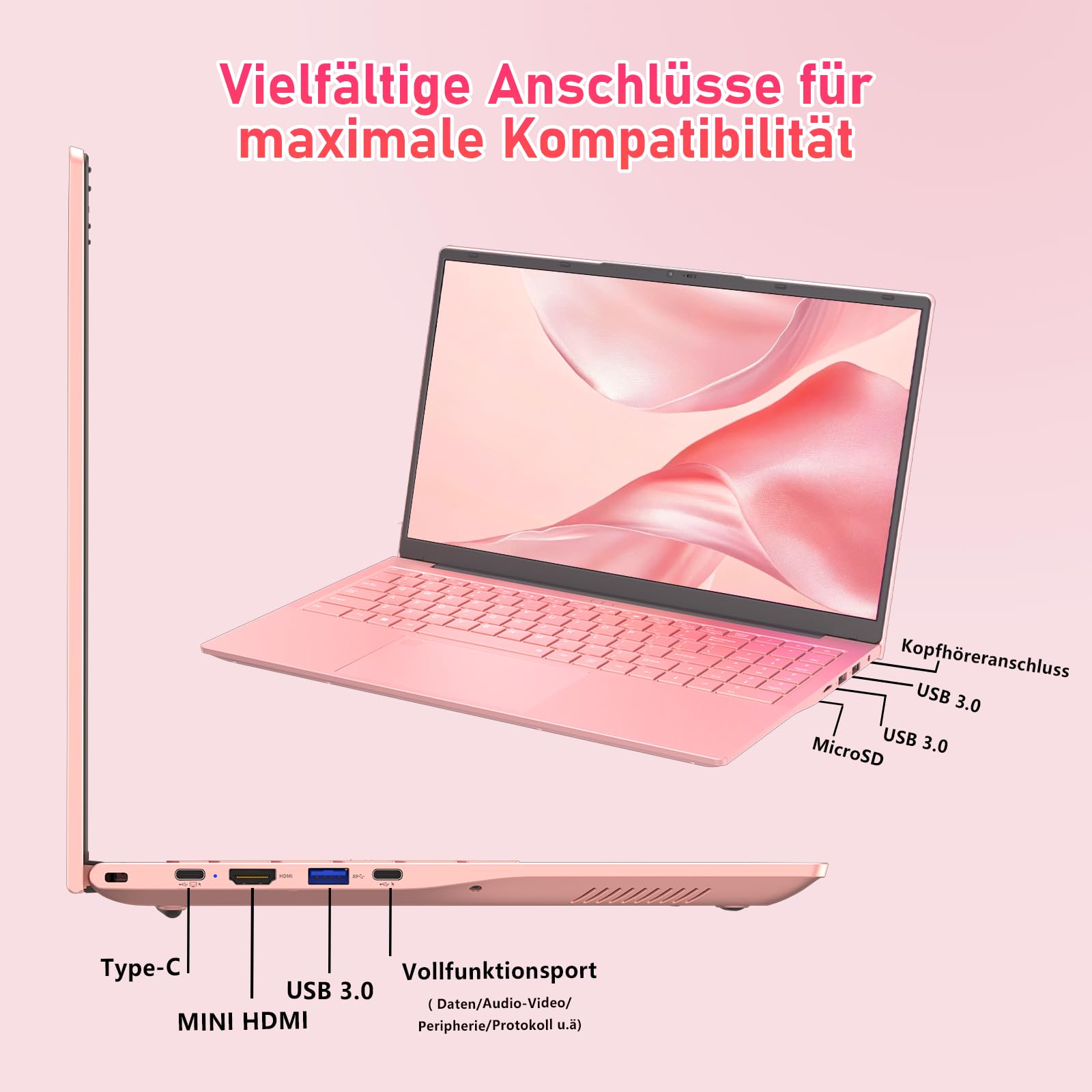 Laptop 15,6 Zoll Rosa, AMD Ryzen 3000er-Serie, 8 GB RAM, 256 GB SSD, Windows 11 Pro, FHD IPS Notebook, Wi-Fi 6, vollwertiges USB-C, Fingerabdruck, beleuchtete Tastatur