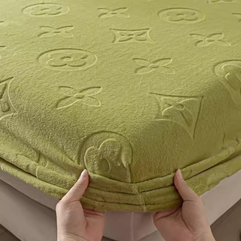 Fitted Sheet Milk Velvet Bedsheet,Single Piece Ultra Soft Bottom Sheet Strong Elastic, Plush Cozy Comfy Warm for All Seasons Coral Velvet Mattress (Color : Tea Green, Size : 180 * 200cm)