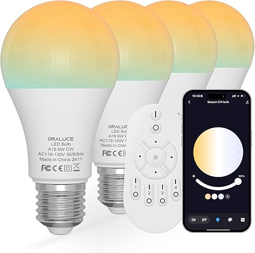 Miniatura 1 de ORALUCE Bombillas LED de control remoto equivalente a 60 W, bombillas regulables de 2700-6500 K, base E26, bombilla inteligente Bluetooth A19 para