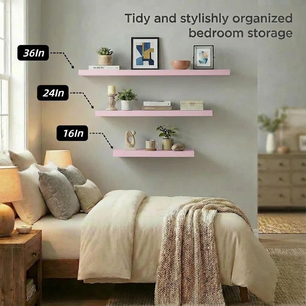 SAUMONIERES Juego de 3 estantes flotantes de pared de madera maciza para baño, dormitorio, cocina, estantes de pared rosados