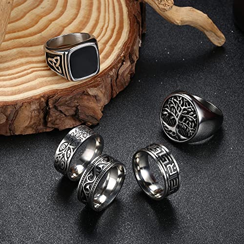 Sanfenly 5Pcs Stainless Steel Rings For Men Greek Signet Thumb Silver Retro Carving Celtic Band Rings Vintage Biker Band Rings Set thumb #5