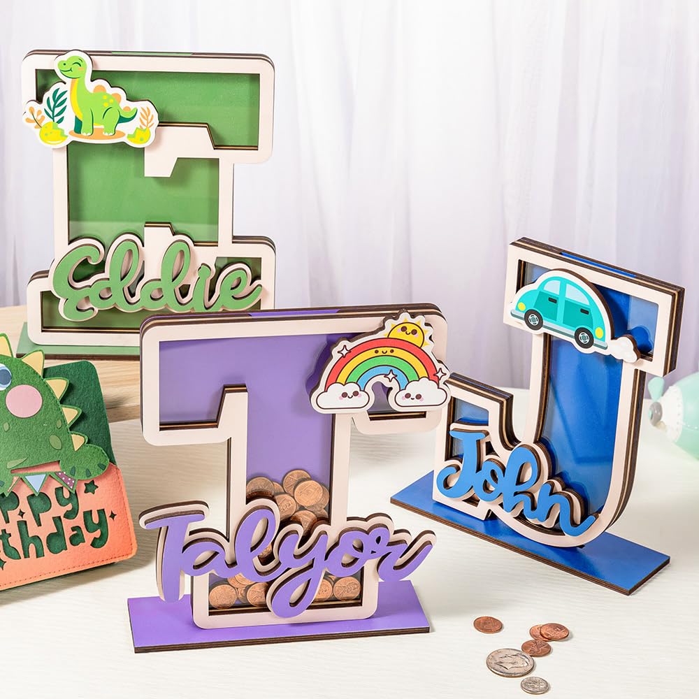 BYFDIY Custom Piggy Bank for Kids Wooden Personalized Letter Piggy Bank for Girls Boys Cute Name Coin Band for Son Daughter Birthday 12 Colors