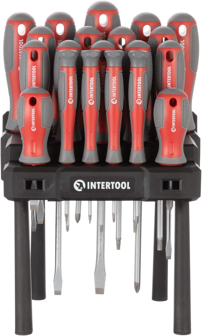 INTERTOOL Magnetic Screwdriver Set with Stand or Wall Mount Shelf Organizer 20pc - Precision & Stubby Screw Drivers - Phillips, Slotted, Torx - VT08-3371