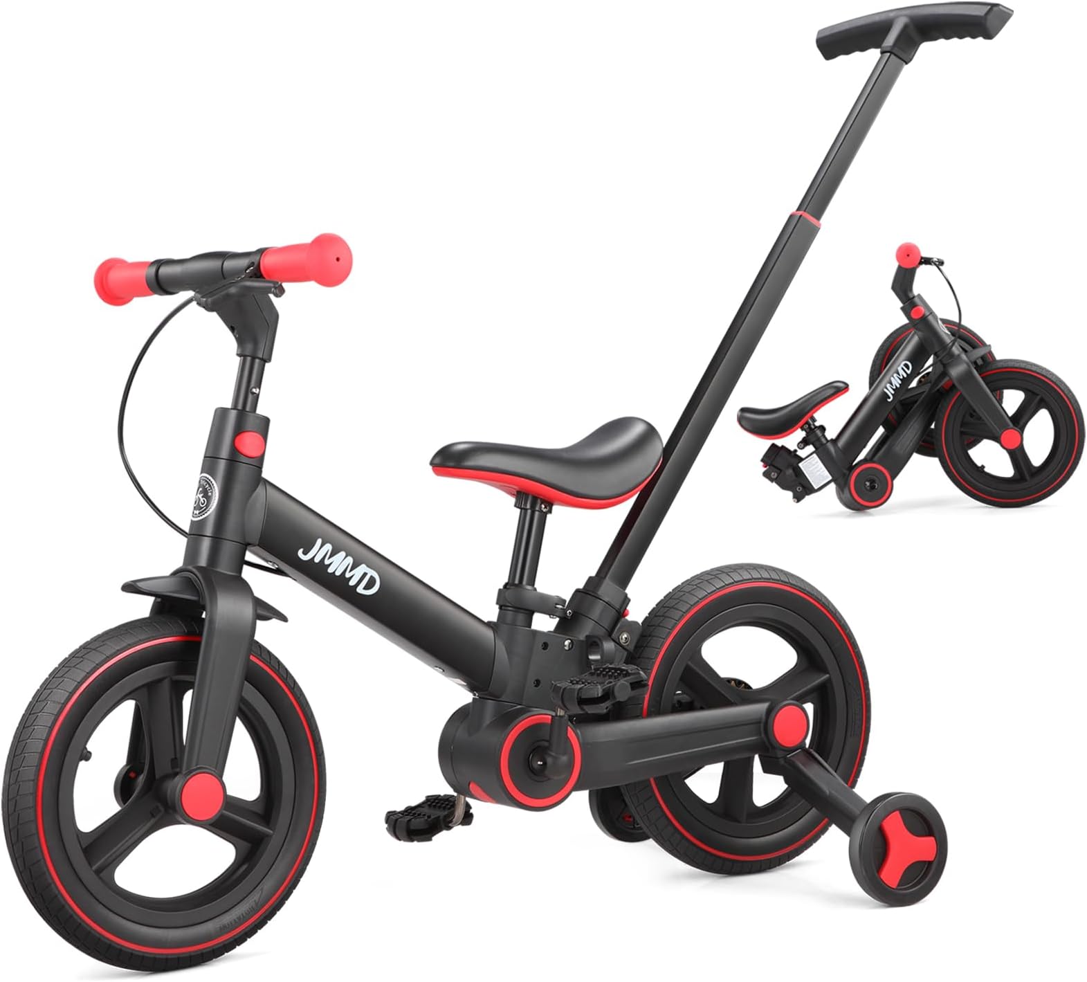JMMD 6-in-1 Toddler Bike with Training Wheels and Pedals, 12 inch Convertible and Foldable Balance Bike & Pedal Bike with Adjustable Parent Handle, Kickstand, Brakes for kids, Age 18 Months-5 Years