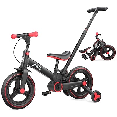 JMMD Toddler Bike with Push Handle for Kids 18-60 Months, 6 in 1 Foldable Push Bike with Training Wheels, Pedals, Brakes, Kickstand, Kid Balance Bike Gift & Toys for Boy & Girl