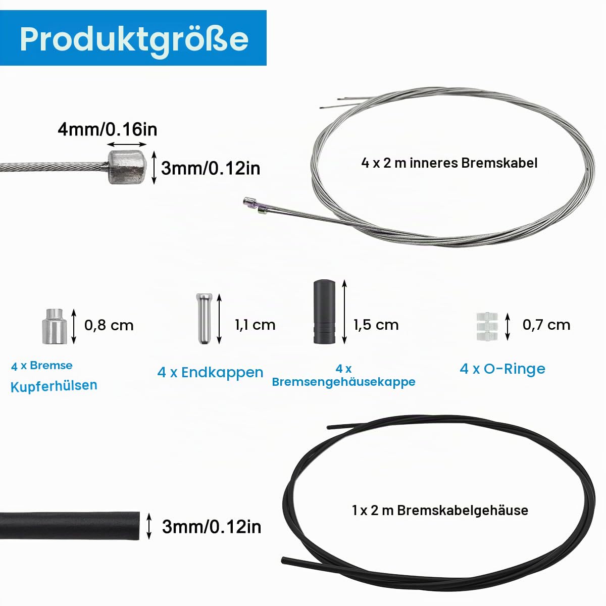Fahrrad-Schaltzug-Set, 4 Stück Schaltzug und eine 2 m Fahrrad-Schaltzugaußenhülle, Fahrrad-Schaltzugdraht für Mountain- und MTB-Rennrad mit 2 kostenlosen O-Ringen, 4 Endhülsen und 4 Endkappen