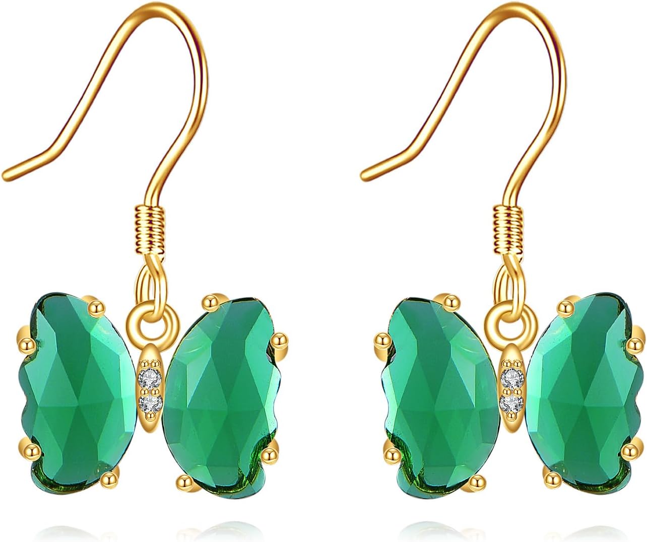 DOVRAN 14K Gold Emerald Butterfly Drop Earring for Women Trendy Green Crystal Butterfly Birthstone Jewelry for Women