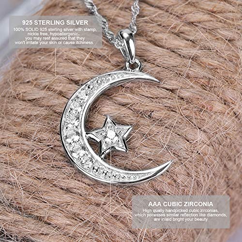 Sterling Silver Crescent Moon Star Necklace Cubic Zirconia Jewelry for Teen & Women Ladies Dainty 18" Chain4
