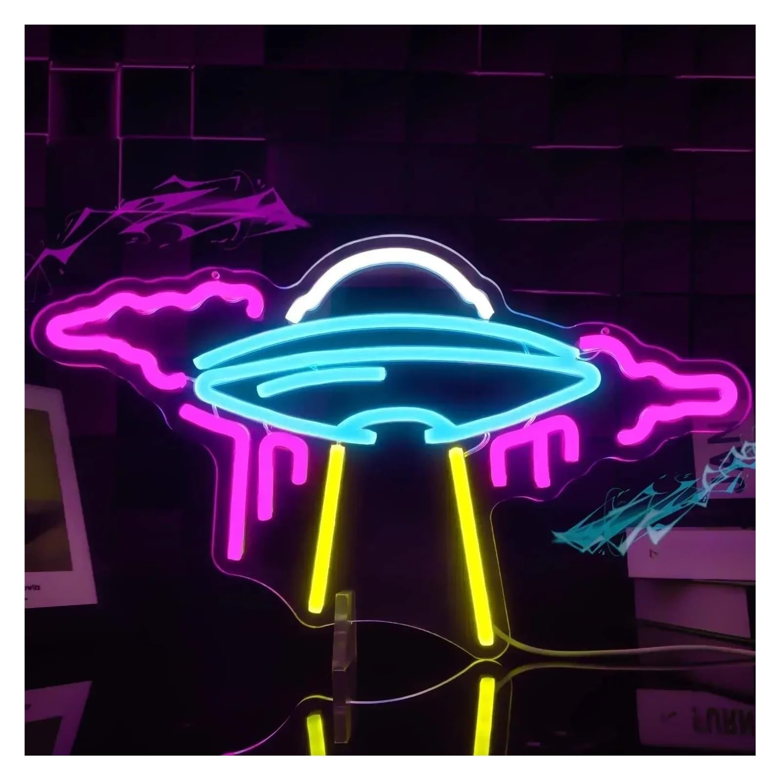 LEMST Signs Lamp UFO Neon Sign,Alien Spaceship Neon Lights for Bedroom Kids Space Game Room Neon Wall Signs Decor 20x35cm